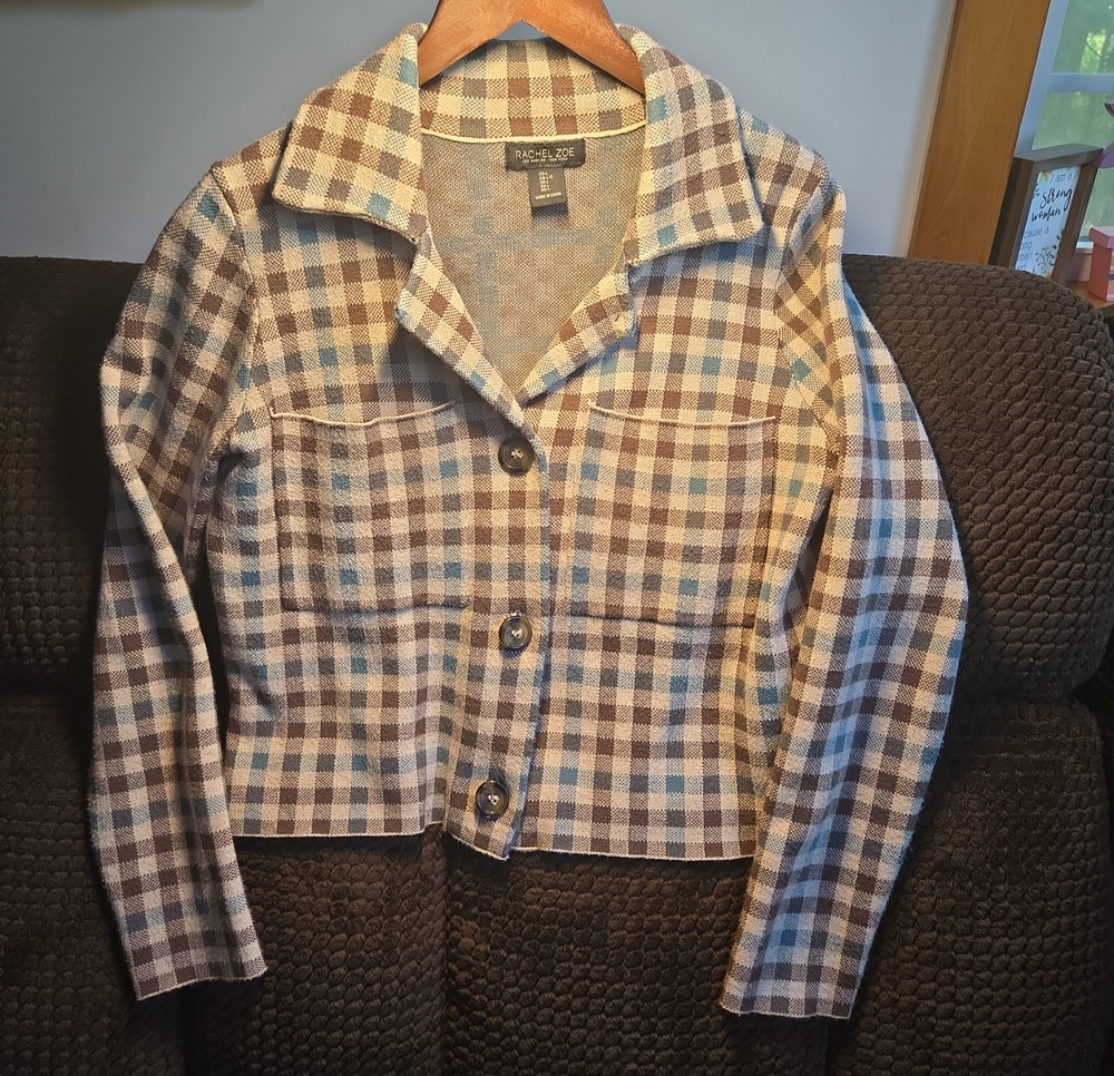 Rachel Zoe Plaid Button-Front Jacket in Brown, Cream & Blue